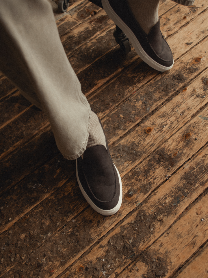 Men's Italian dark brown suede loafer sneakers with white soles